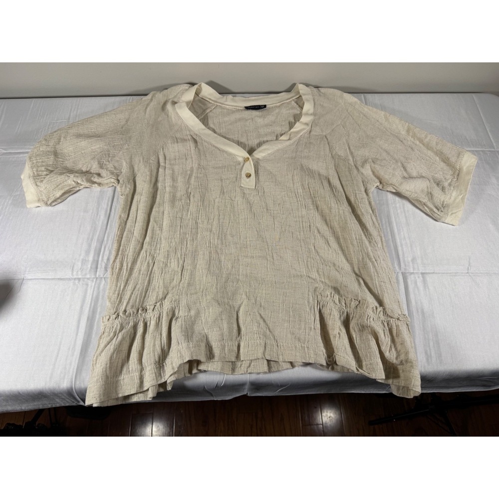 Cowboy Girl Beige Textured Gauze Henley Ruffle Hem Top Womens Medium